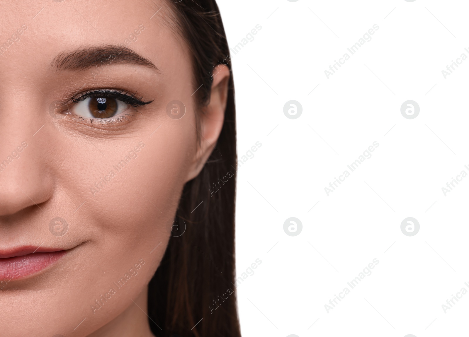 Photo of Beautiful woman with healthy skin on white background, closeup