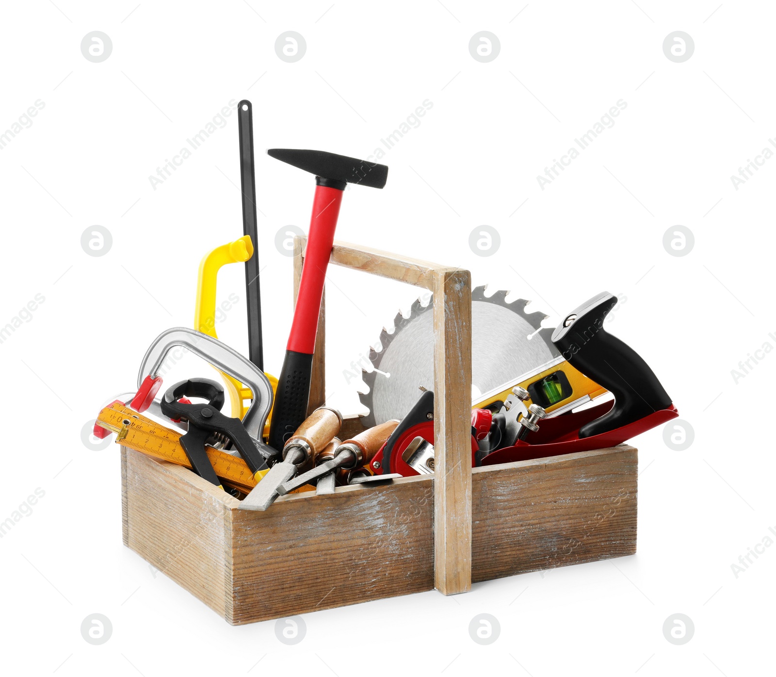 Photo of Wooden box with carpenter's tools isolated on white