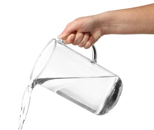 Photo of Woman pouring water from jug on white background, closeup