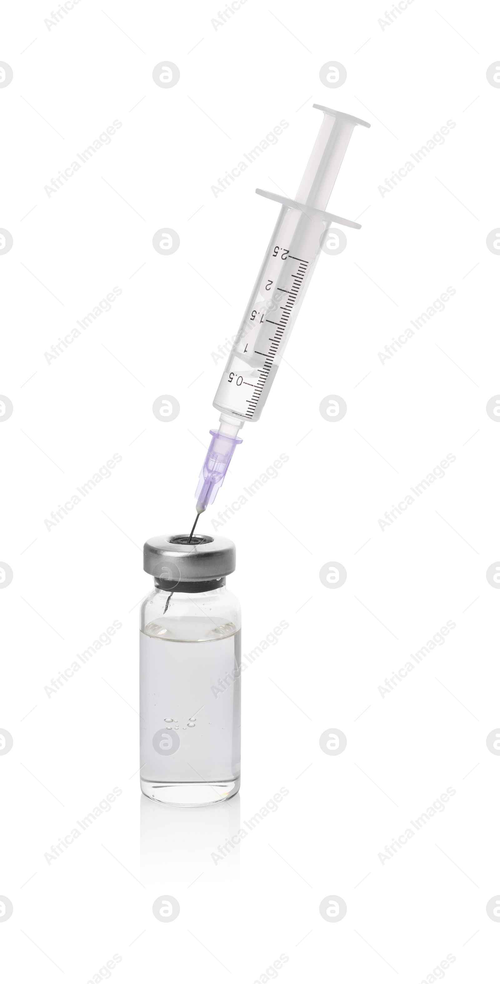 Photo of Disposable syringe with needle and vial isolated on white