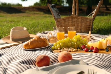 Photo of Picnic blanket with delicious food and juice outdoors on sunny day