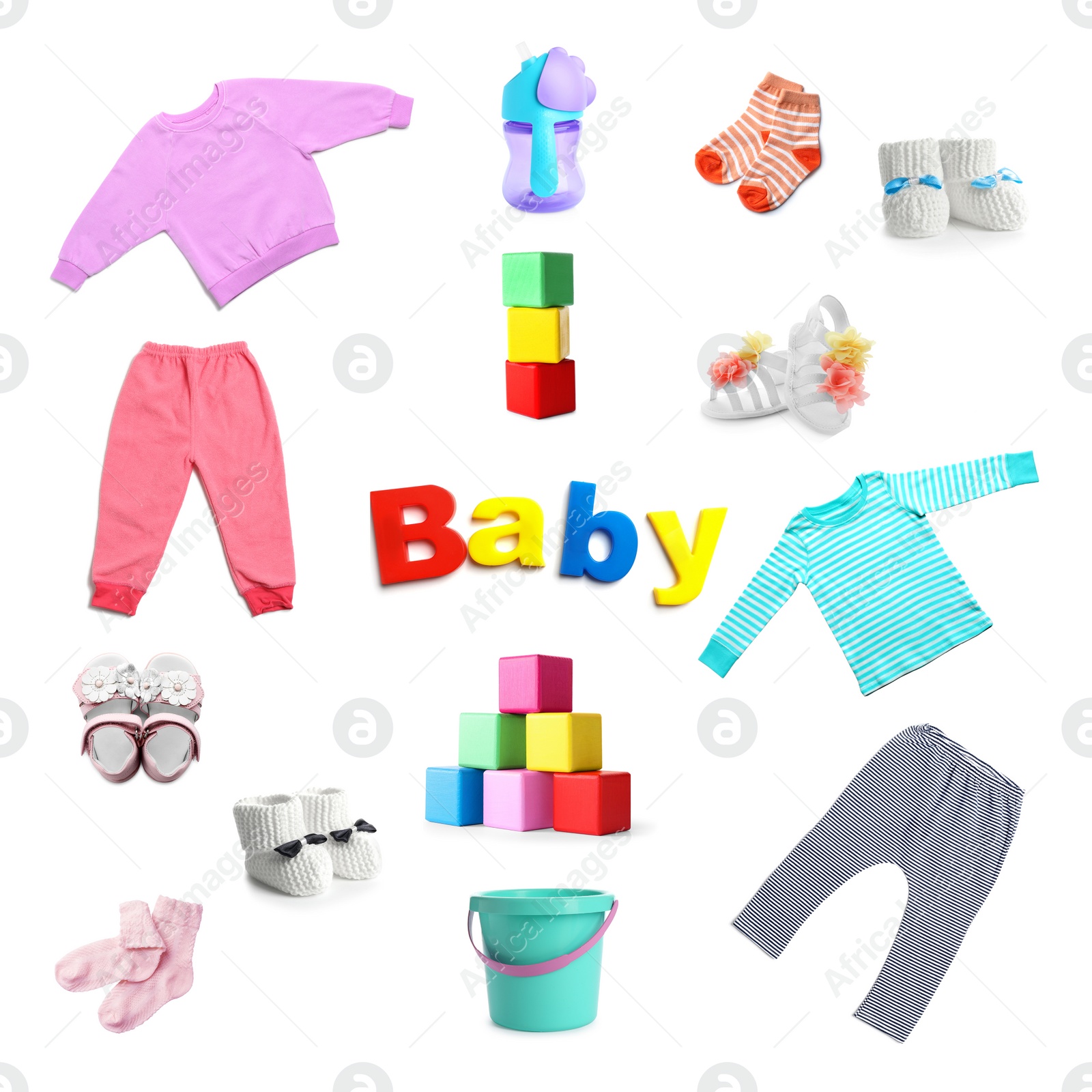 Image of Set with different baby accessories and clothes on white background 