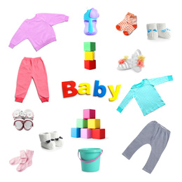 Image of Set with different baby accessories and clothes on white background 