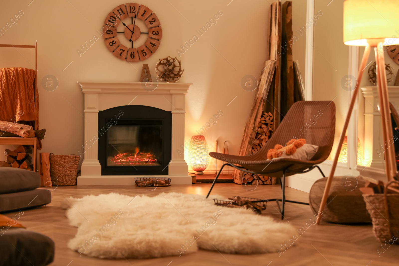 Photo of Beautiful view of cozy living room interior with fireplace