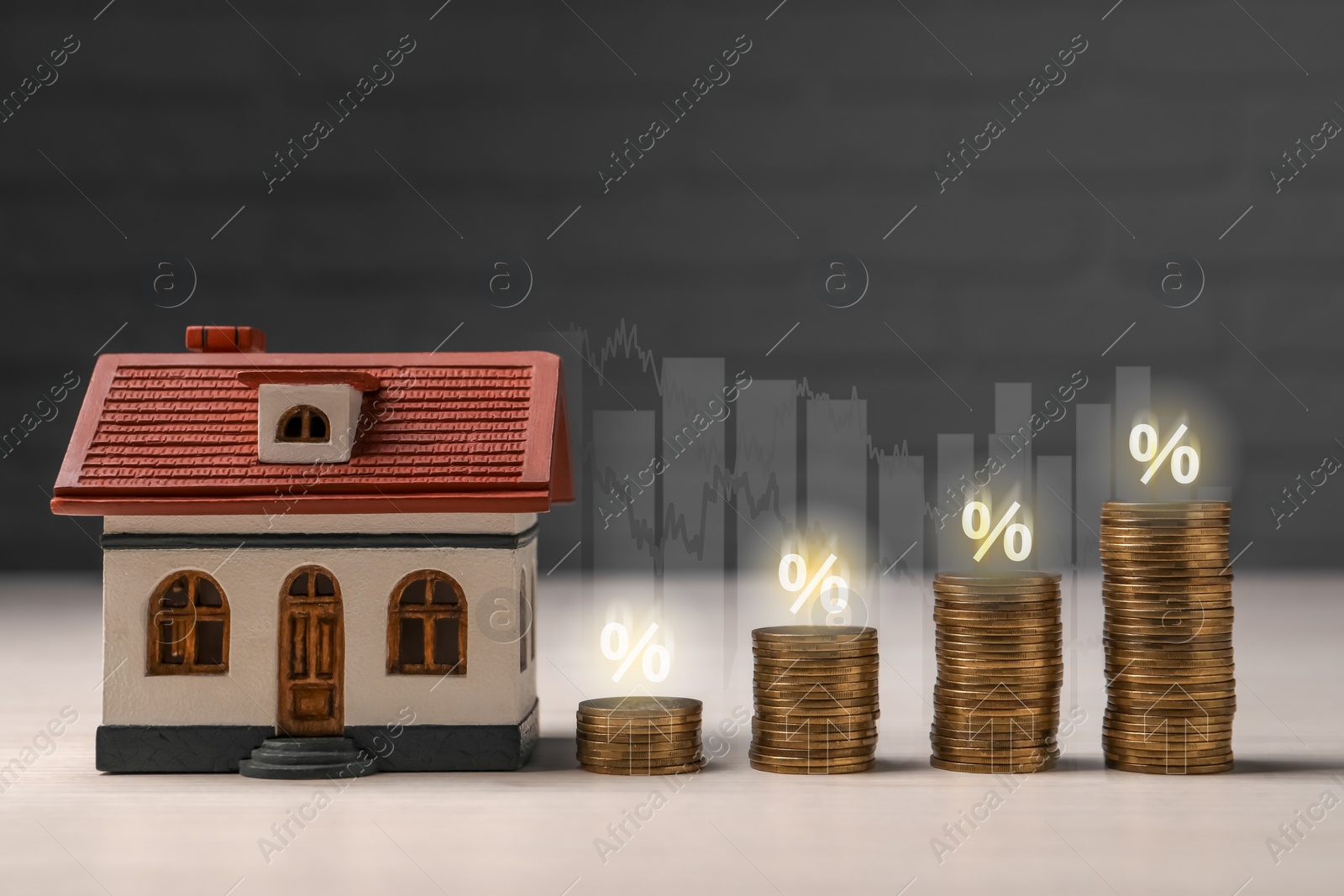 Image of Mortgage rate. Model of house, stacked coins, graphs, percent signs and upward arrows