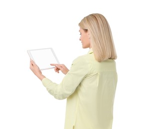 Woman using tablet with blank screen on white background