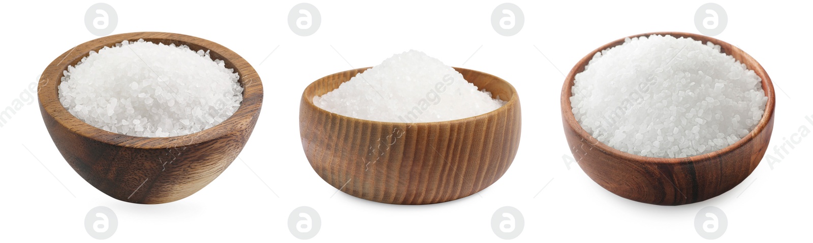 Image of Natural salt in wooden bowls isolated on white, set