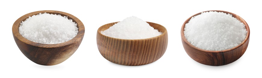 Natural salt in wooden bowls isolated on white, set