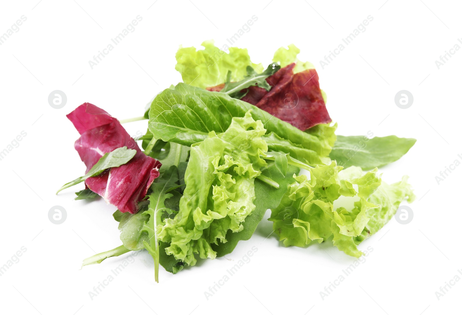 Photo of Heap of fresh salad greens on white background