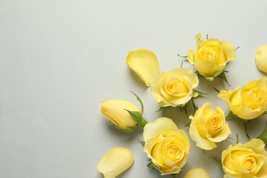 Photo of Beautiful yellow roses and petals on light grey background, flat lay. Space for text