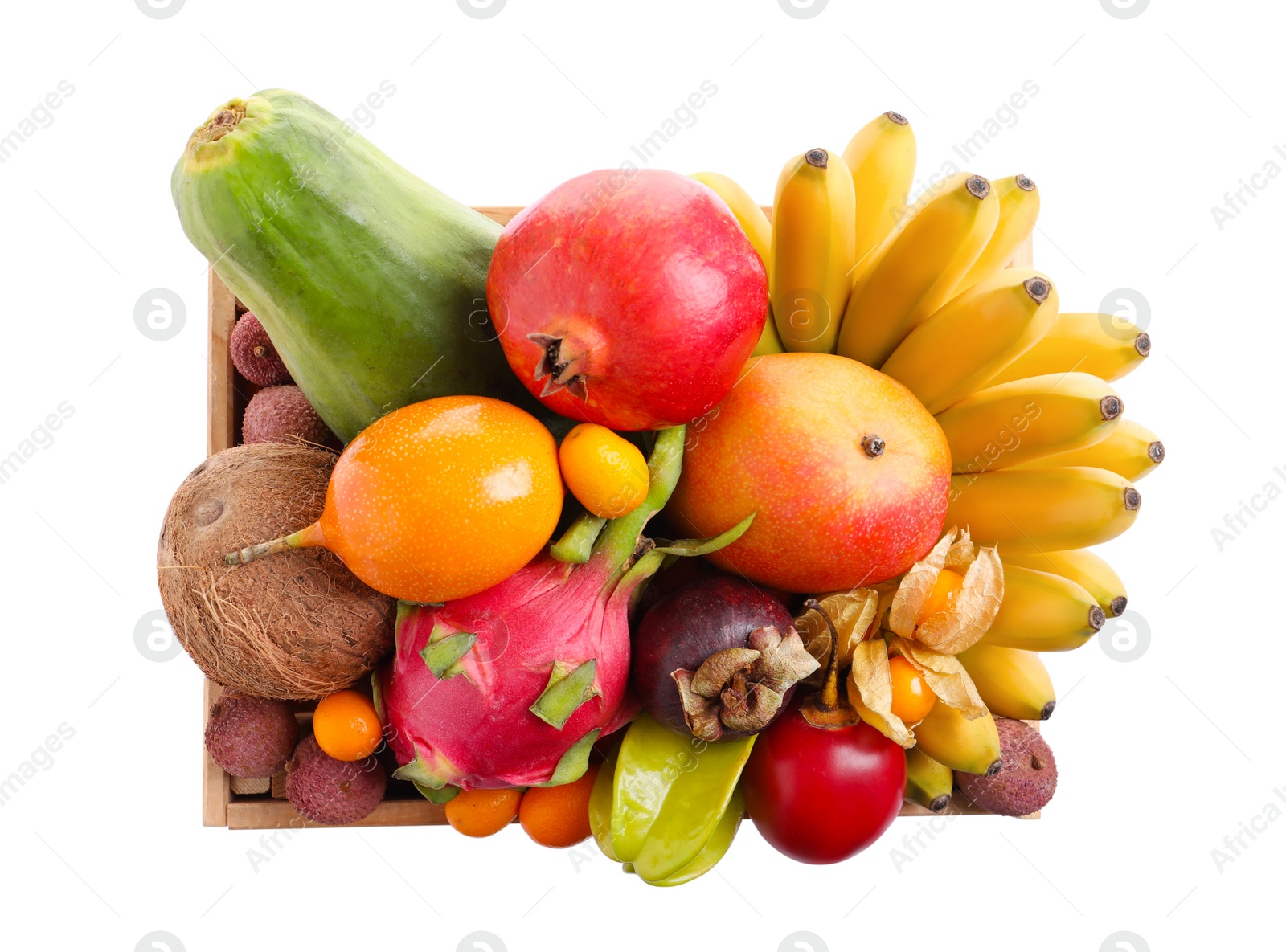 Photo of Crate with different exotic fruits on white background, top view