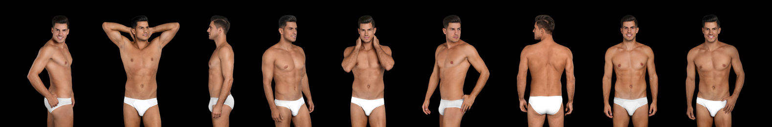 Image of Collage of man in underwear on black background. Banner design 