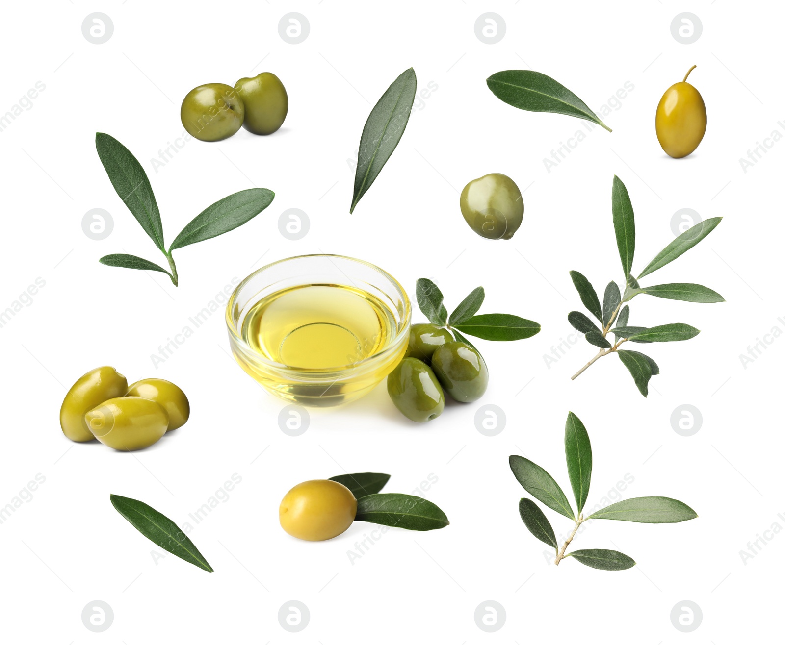 Image of Bowl of oil, ripe olives and leaves on white background 