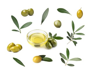 Image of Bowl of oil, ripe olives and leaves on white background 