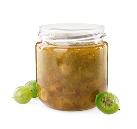 Photo of Jar of delicious gooseberry jam and fresh berries on white background