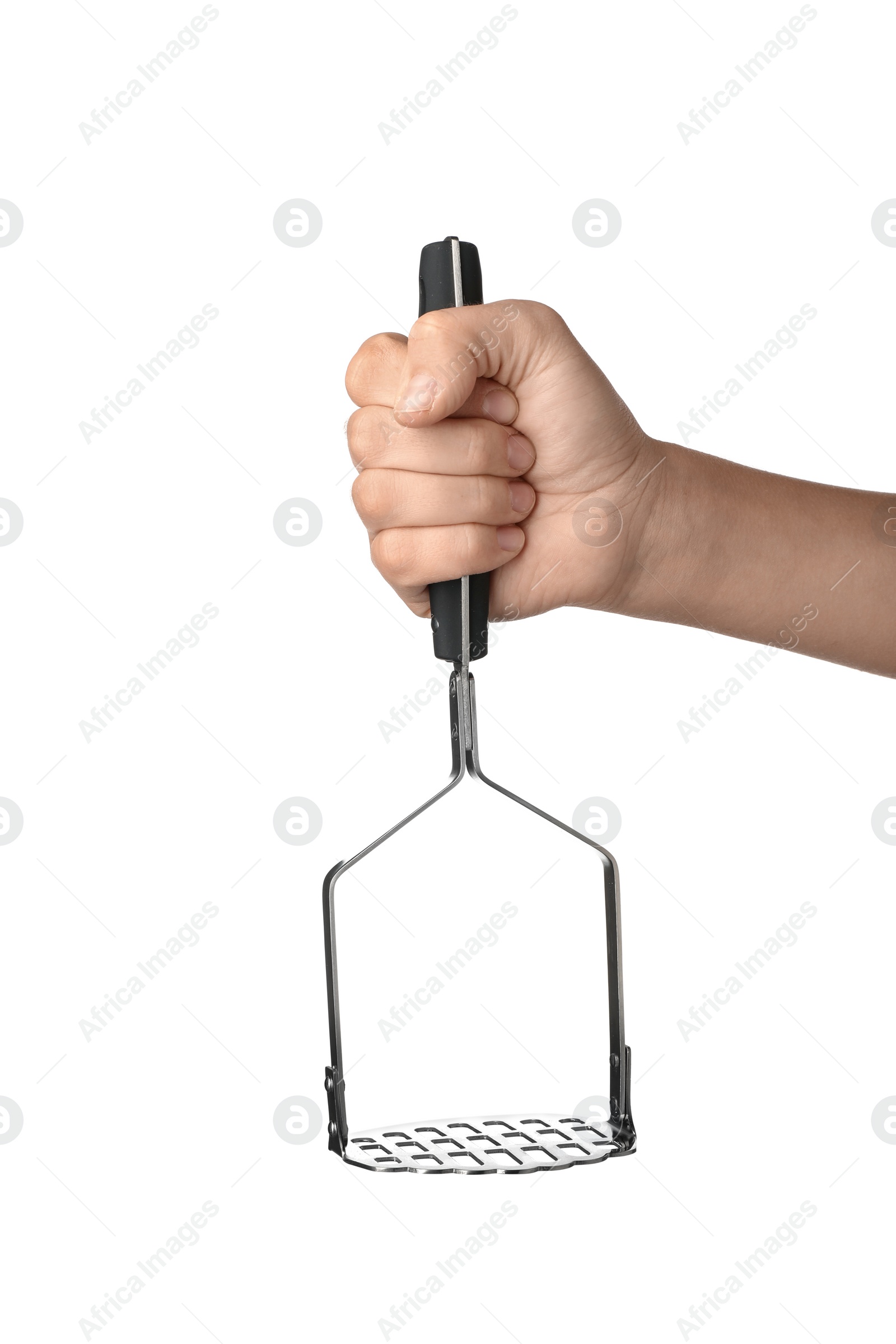 Photo of Woman holding potato masher on white background. Kitchen utensils