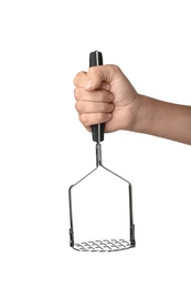 Woman holding potato masher on white background. Kitchen utensils