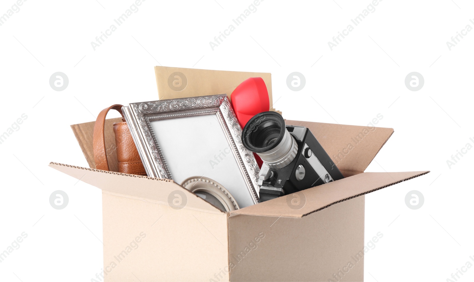 Photo of Box of unwanted stuff isolated on white