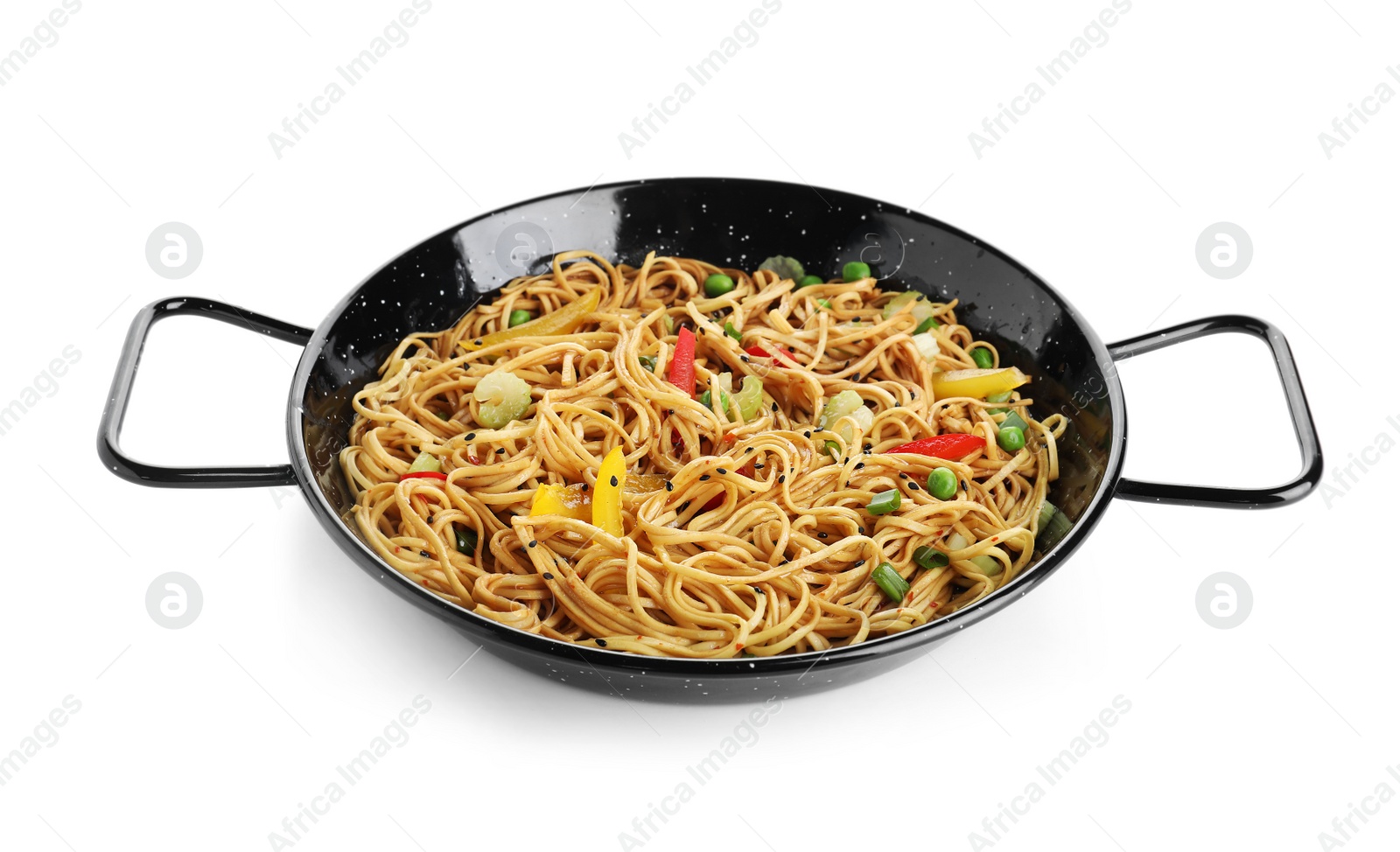 Photo of Cooked noodles with vegetables isolated on white