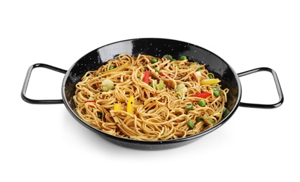 Cooked noodles with vegetables isolated on white