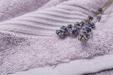 Photo of Lavender flowers on violet terry towel, closeup