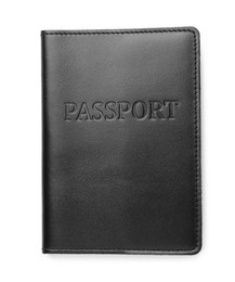 Photo of Passport in black leather case isolated on white, top view