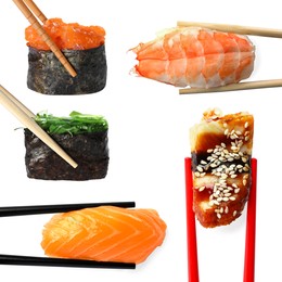 Image of Different sushi isolated on white. Chopsticks with asian food, set