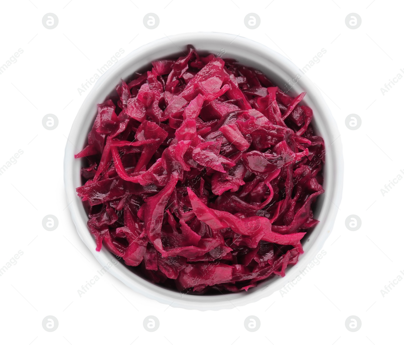 Photo of Bowl of tasty red cabbage sauerkraut isolated on white, top view