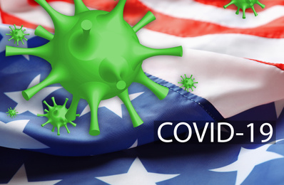 Image of Covid-19 outbreak. Virus flying over American flag
