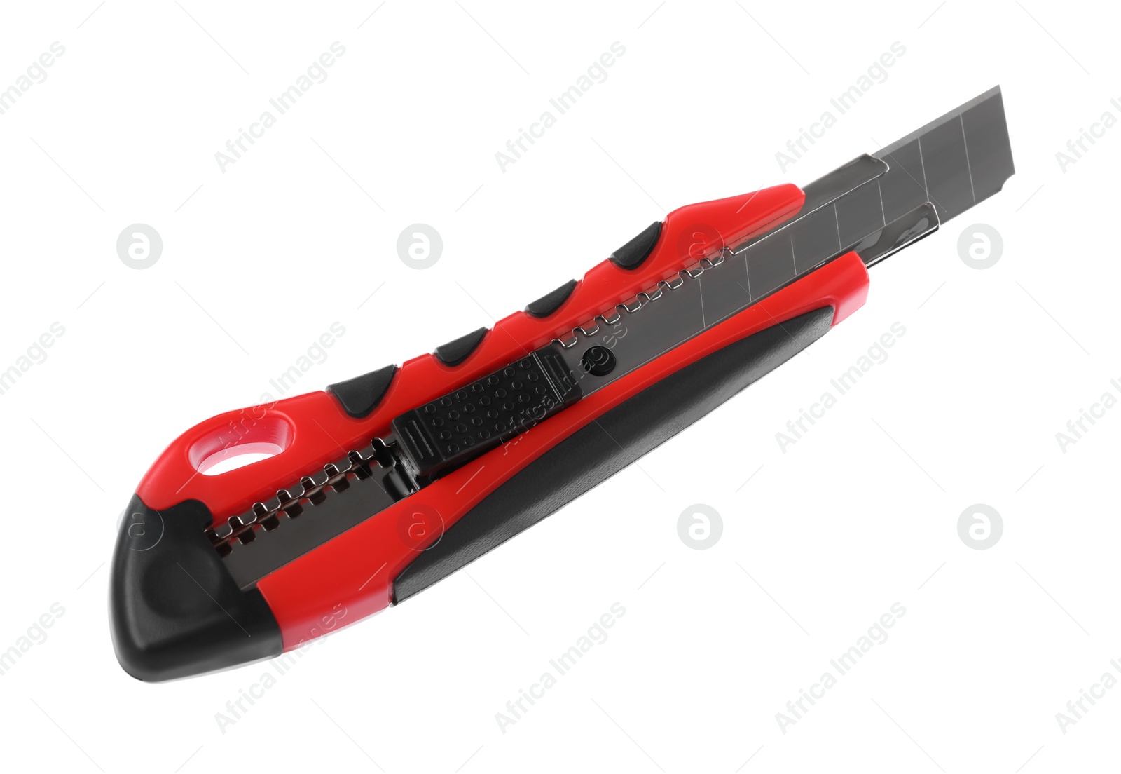 Photo of Red utility knife isolated on white. Construction tool