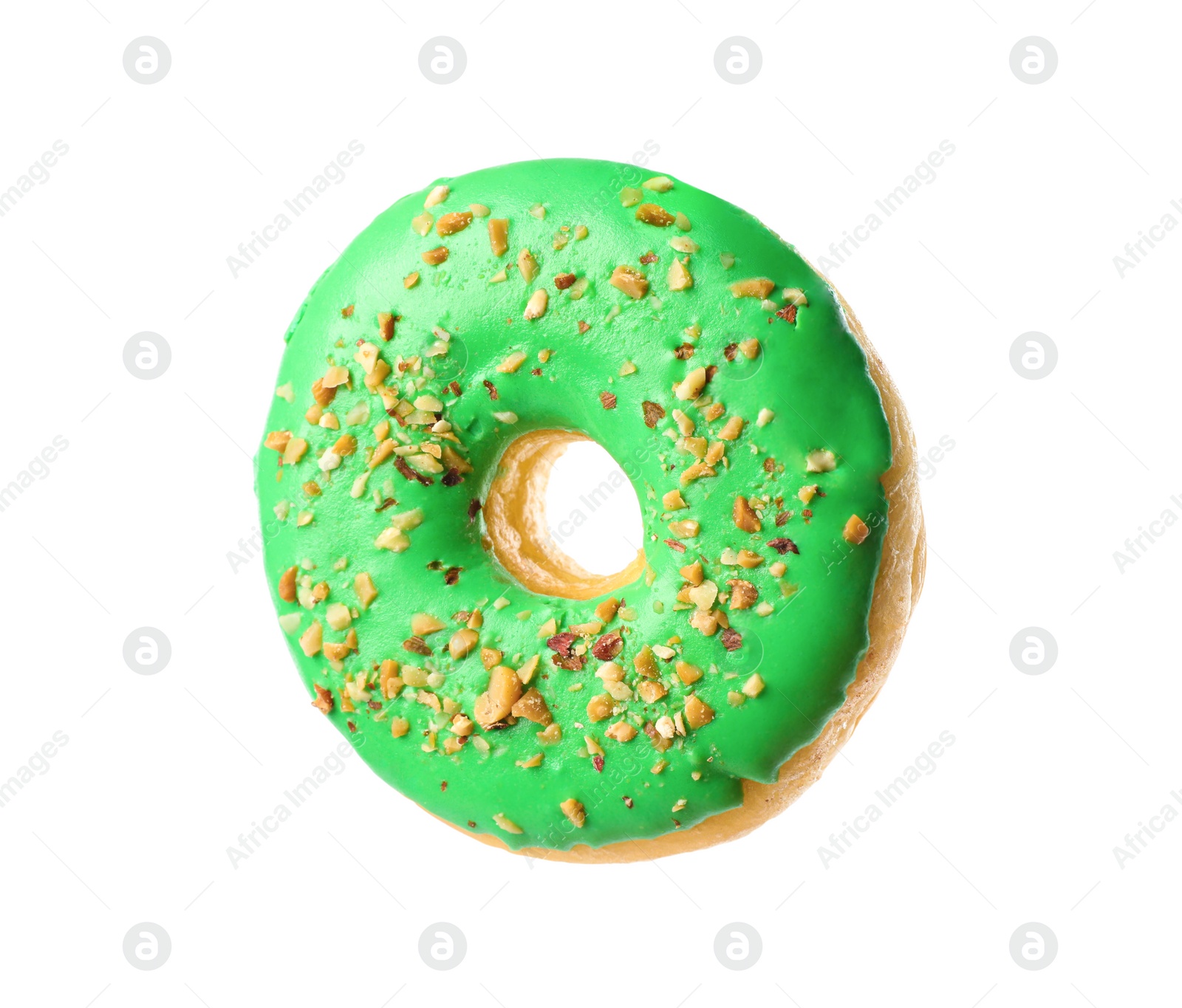 Photo of Sweet tasty glazed donut decorated with nuts isolated on white