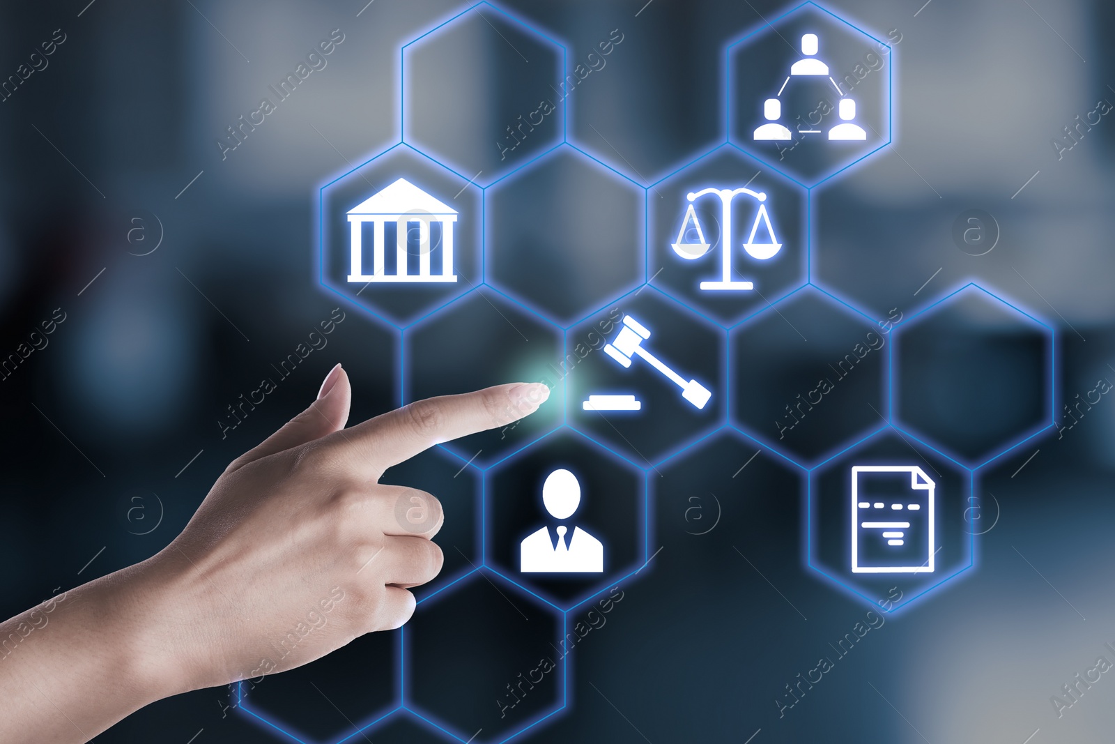 Image of Laws, legal information and online consultation. Woman using virtual screen with icons, closeup