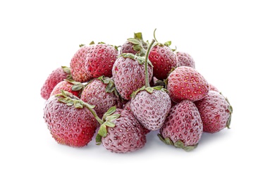 Heap of tasty frozen strawberries on white background