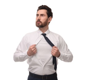 Photo of Businessman wearing superhero costume under suit on white background