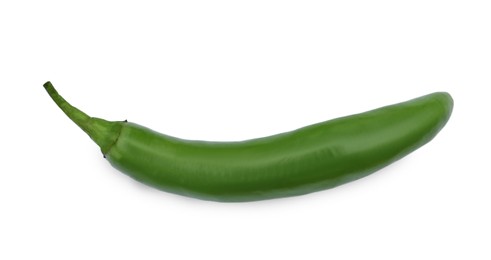 Photo of Green hot chili pepper isolated on white, top view