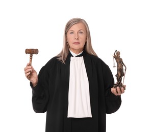 Photo of Senior judge with gavel and figure of Lady Justice on white background