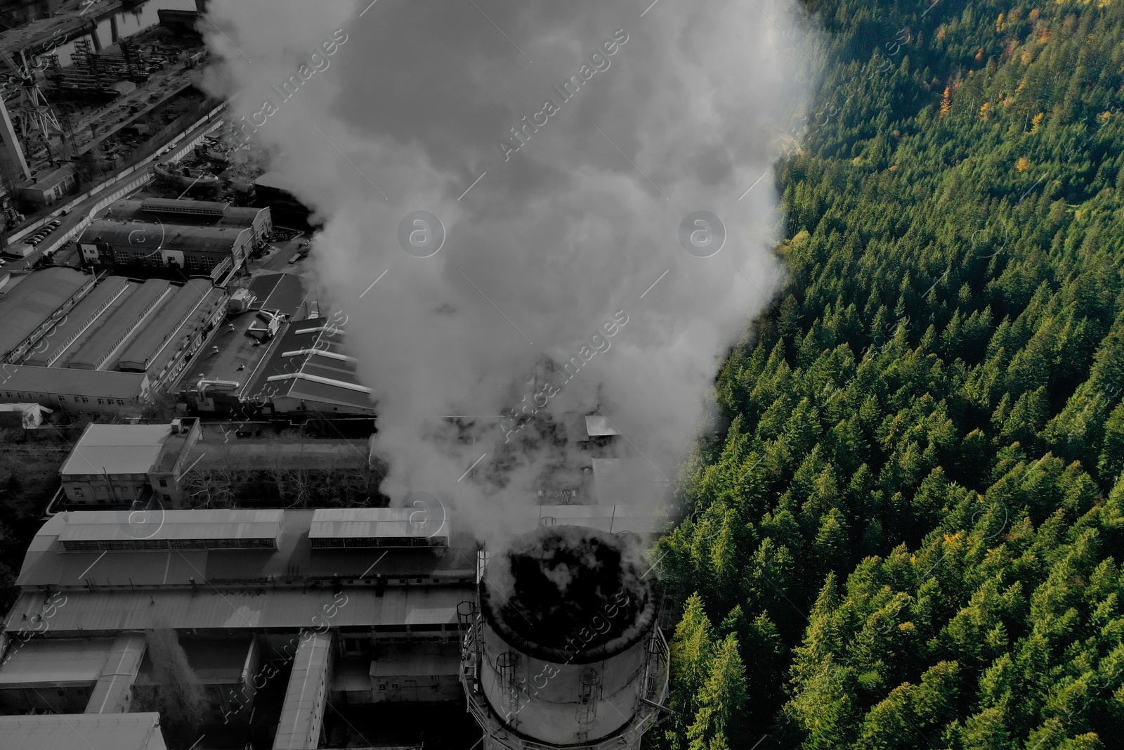 Image of Environmental pollution. Collage divided with smoke into dense forest and industrial factory