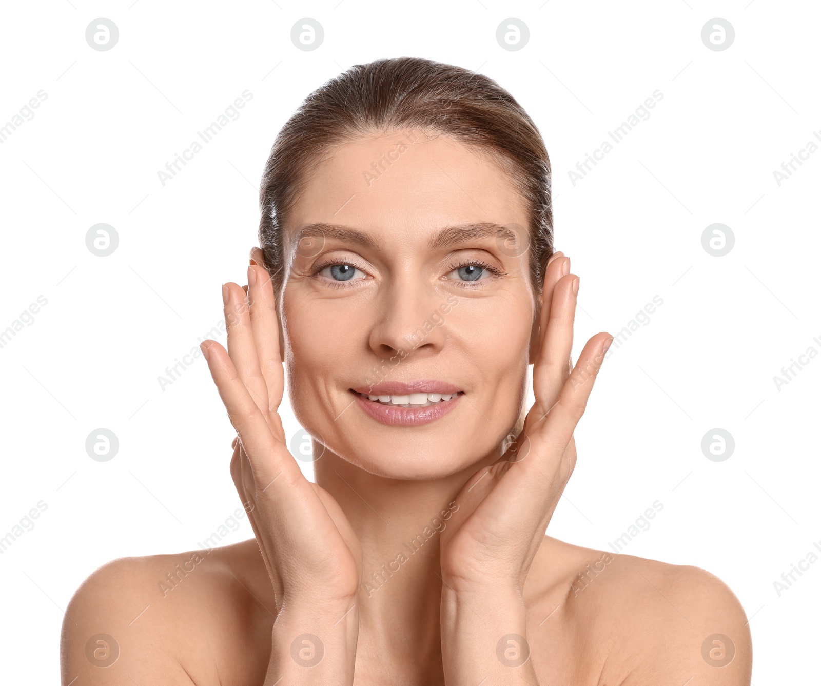 Photo of Woman massaging her face on white background