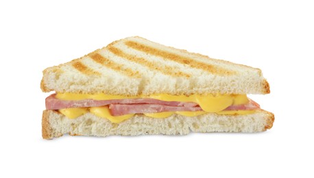 Photo of Tasty sandwich with ham and melted cheese isolated on white