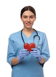 Photo of Doctor with stethoscope and red heart on white background. Cardiology concept