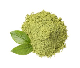 Photo of Pile of green matcha powder and leaves isolated on white, top view