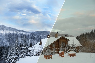 Image of Photo before and after retouch, collage. Wooden cottage near snowy forest outdoors on winter day