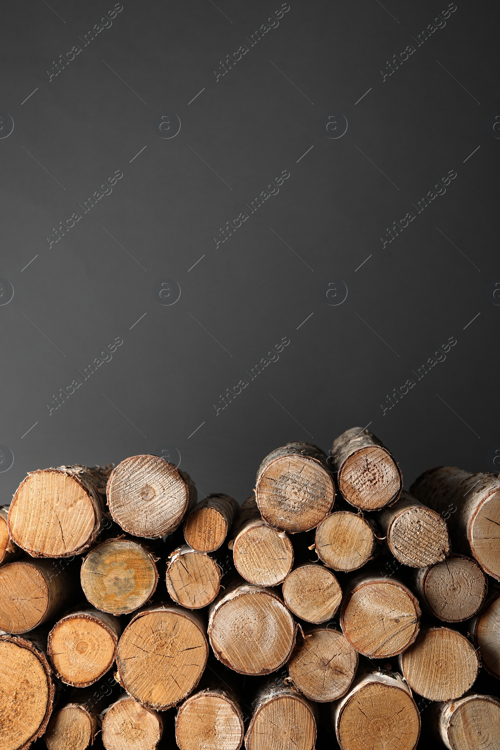 Photo of Cut firewood on grey background. Space for text