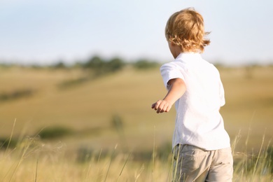 Photo of Cute little boy outdoors, back view. Child spending time in nature