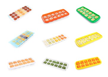 Set with frozen puree in ice cube trays on white background