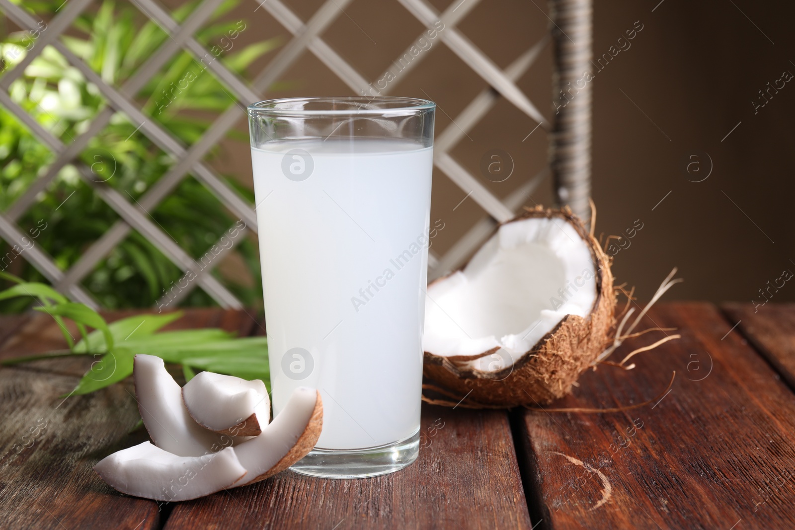 Photo of Glass of coconut water, leaf and nuts on wooden table