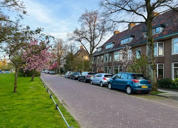 Many cars parked near houses along street
