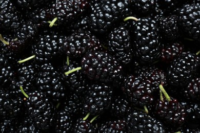 Photo of Ripe black mulberries as background, top view