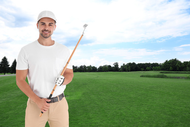 Young man with golf club on green course. Space for design