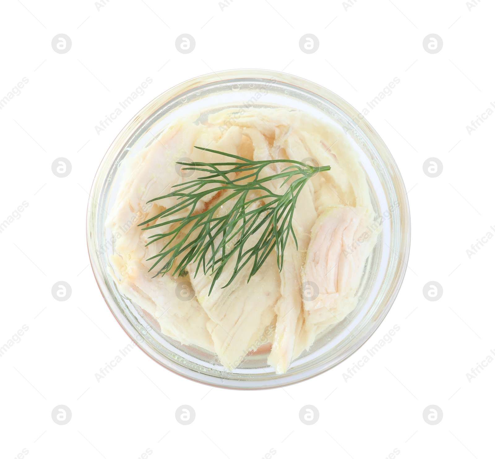 Photo of Delicious chicken aspic in glass bowl isolated on white, top view